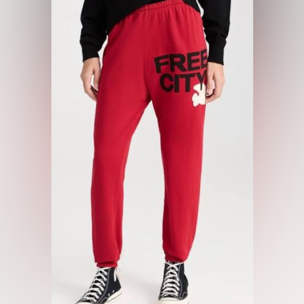 Red Sweatpants with Black 'FREE CITY' Print